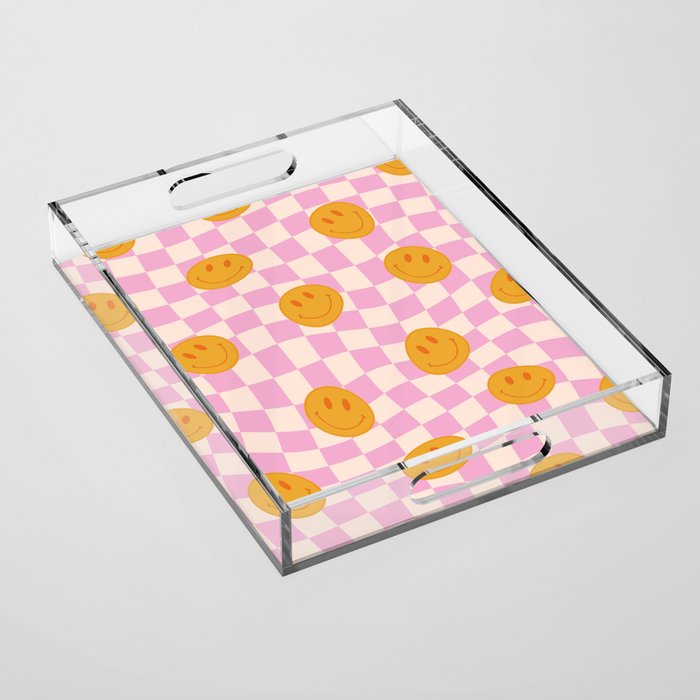 Groovy Smiley Faces on Pastel Pink Twisted Checkerboard Acrylic Tray Gallery Image 1