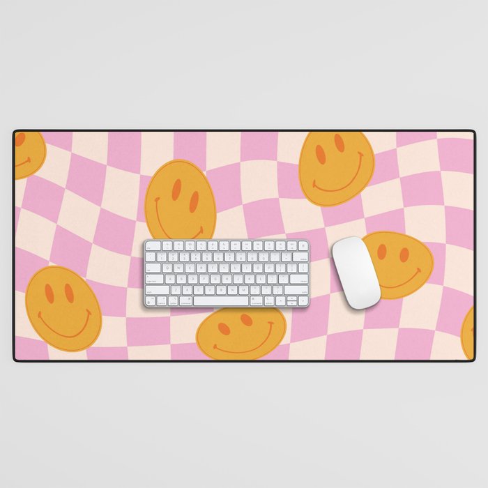 Groovy Smiley Faces on Pastel Pink Twisted Checkerboard Desk Mat Gallery Image 1