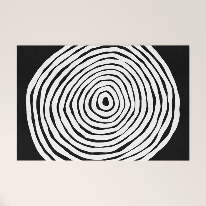 Black & White Minimalist Mid Century Abstract Ink Line Spiral Hypnotic Circle Welcome Mat Gallery Image 1
