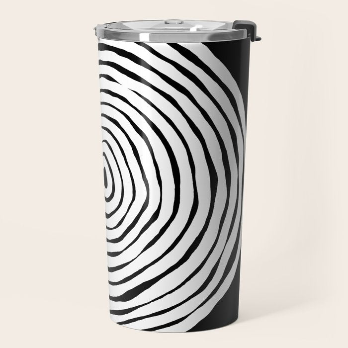 Black & White Minimalist Mid Century Abstract Ink Line Spiral Hypnotic Circle Travel Mug Gallery Image 2