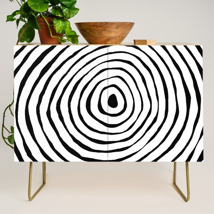 Black & White Minimalist Mid Century Abstract Ink Line Spiral Hypnotic Circle Credenza Gallery Image 1