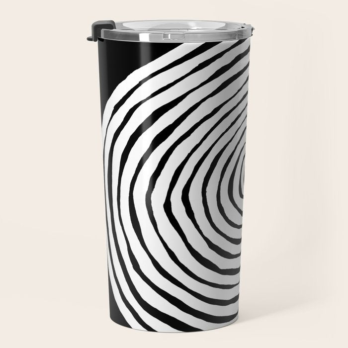 Black & White Minimalist Mid Century Abstract Ink Line Spiral Hypnotic Circle Travel Mug Gallery Image 3