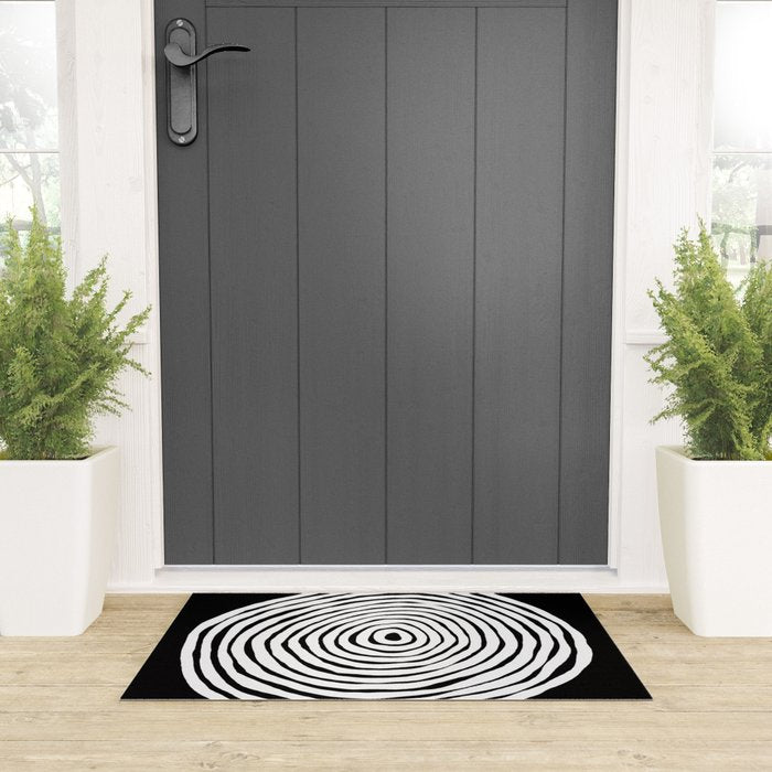 Black & White Minimalist Mid Century Abstract Ink Line Spiral Hypnotic Circle Welcome Mat Gallery Image 3