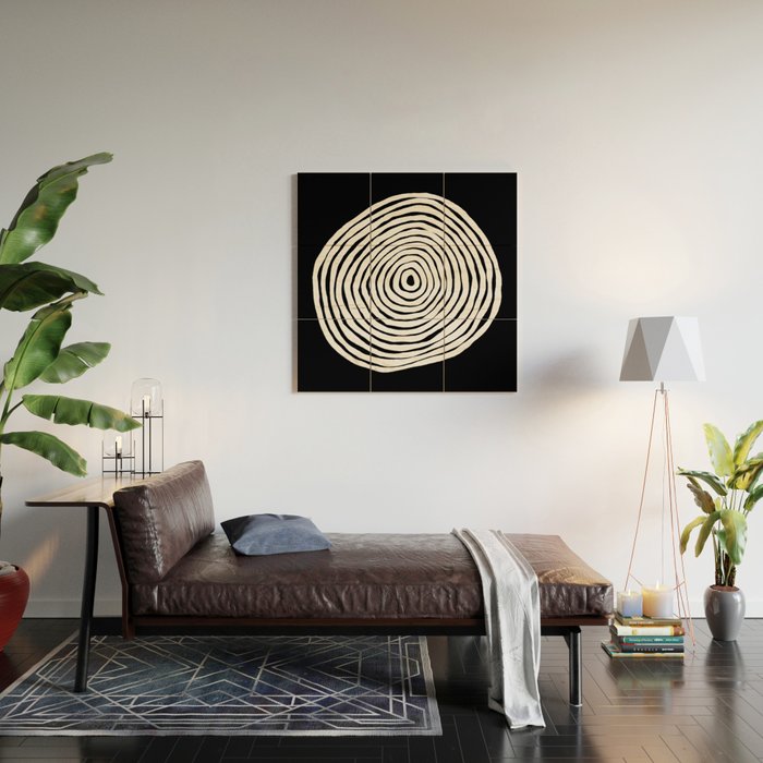 Black & White Minimalist Mid Century Abstract Ink Line Spiral Hypnotic Circle Wood Wall Art Gallery Image 2