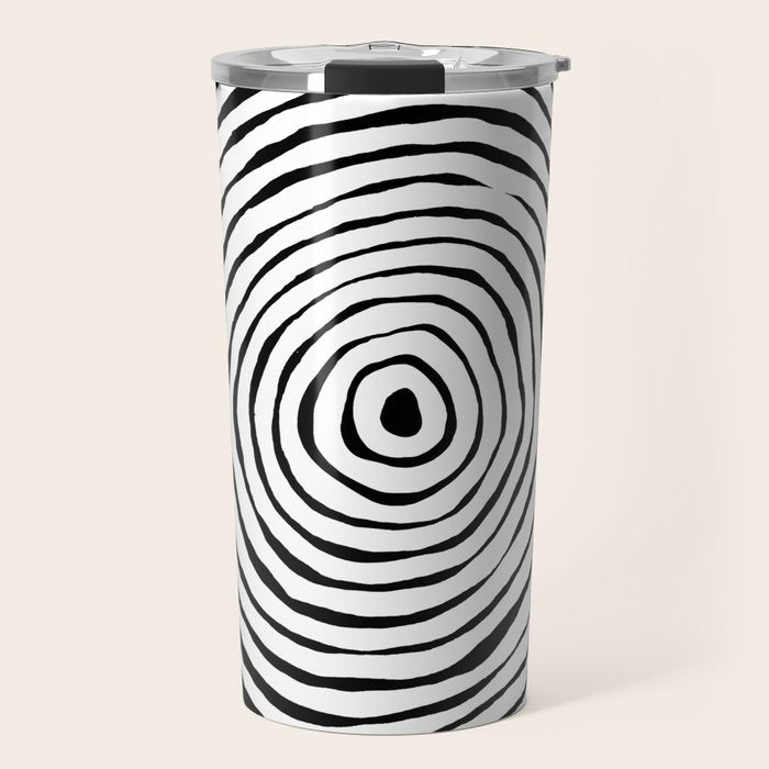 Black & White Minimalist Mid Century Abstract Ink Line Spiral Hypnotic Circle Travel Mug Gallery Image 1
