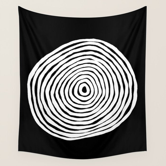 Black & White Minimalist Mid Century Abstract Ink Line Spiral Hypnotic Circle Wall Tapestry Gallery Image 1