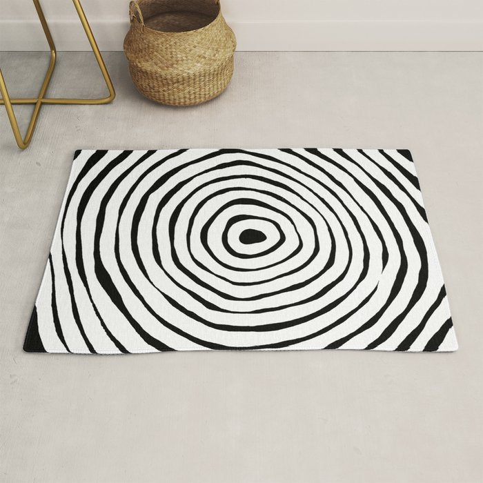 Black & White Minimalist Mid Century Abstract Ink Line Spiral Hypnotic Circle Rug Gallery Image 1