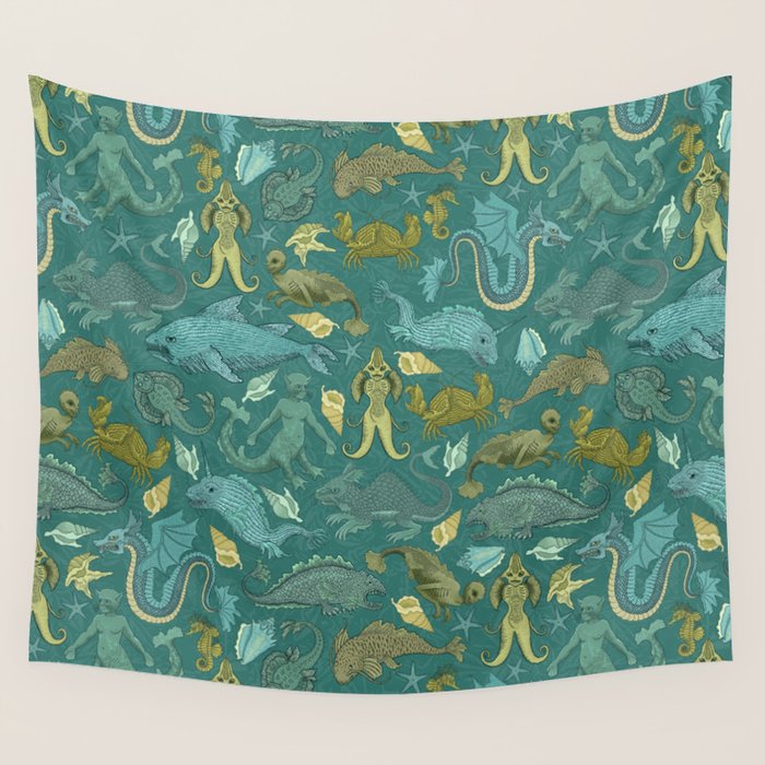 Deepsea Cryptids in Sea Green Wall Tapestry Gallery Image 1