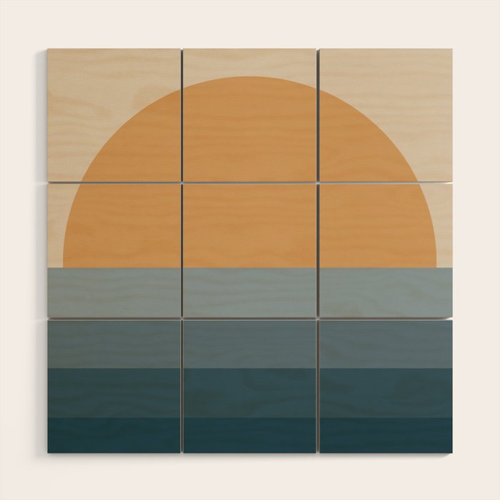 Minimal Retro Sunset Sunrise - Nautical Ocean Blue Wood Wall Art Gallery Image 1