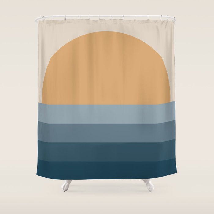 Minimal Retro Sunset Sunrise - Nautical Ocean Blue Shower Curtain Gallery Image 1