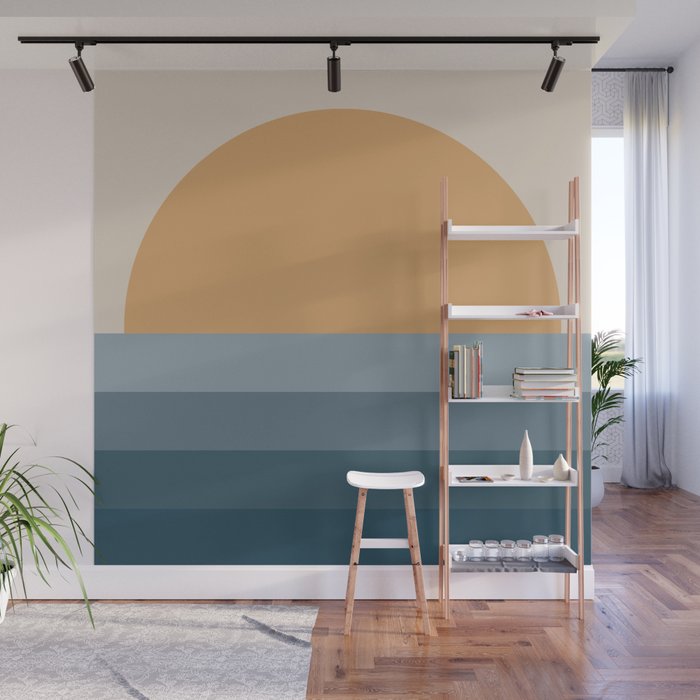 Minimal Retro Sunset Sunrise - Nautical Ocean Blue Wall Mural Gallery Image 1