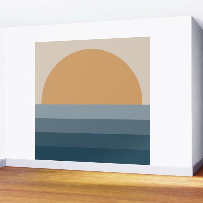 Minimal Retro Sunset Sunrise - Nautical Ocean Blue Wall Mural Gallery Image 2