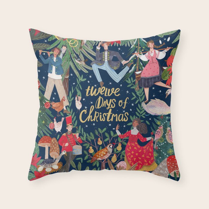 The 12 days of Christmas song illustration Throw Pillow Gallery Image 6