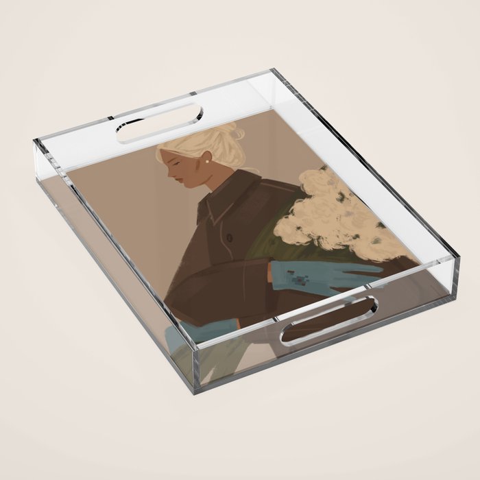  portrait of a woman in a coat and blue gloves Acrylic Tray Gallery Image 1