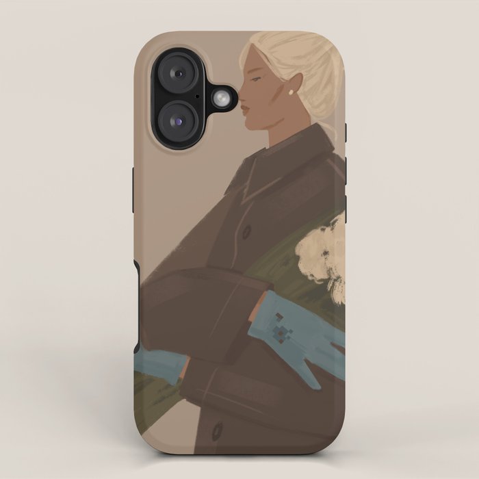  portrait of a woman in a coat and blue gloves iPhone Case Gallery Image 1