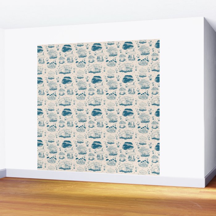 Mushroom Toile in Blue Wall Mural Gallery Image 2