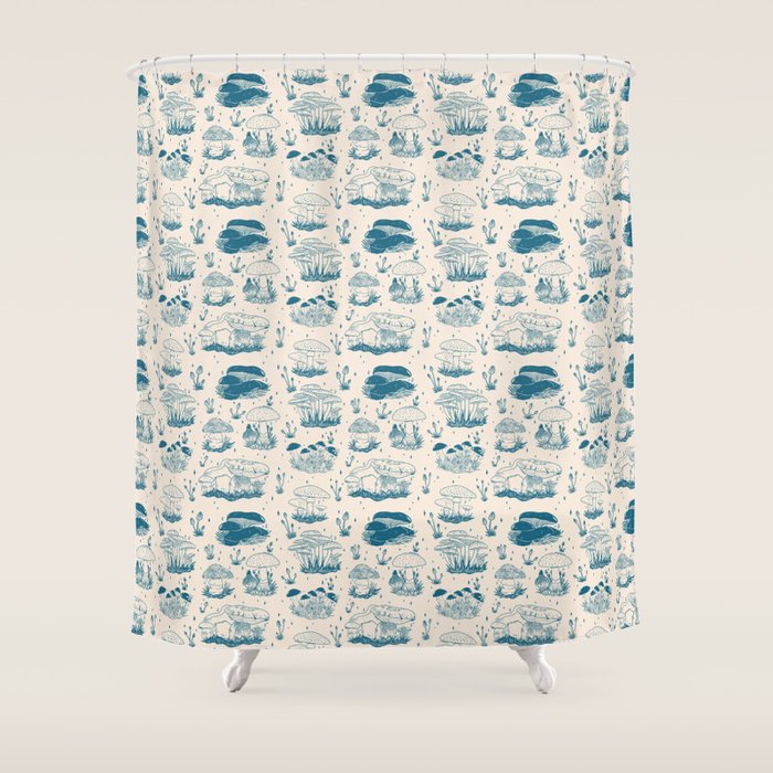 Mushroom Toile in Blue Shower Curtain Gallery Image 1
