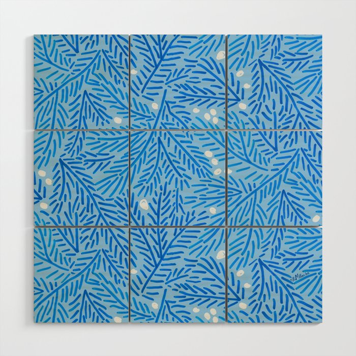 Winter Berries & Pine Branches in Blue Wood Wall Art Gallery Image 1