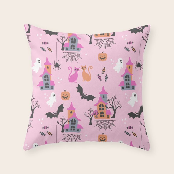 Pink Halloween pastel spooky party Throw Pillow Gallery Image 6
