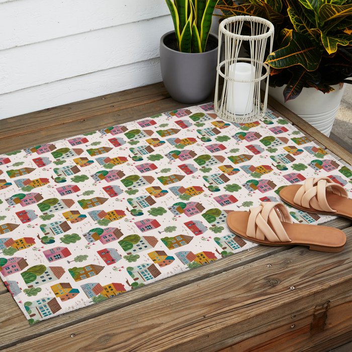 Cozy Village House Pattern Outdoor Rug Gallery Image 2