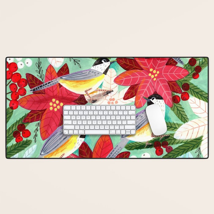 Winter birds tits and Christmas flowers Desk Mat Gallery Image 1