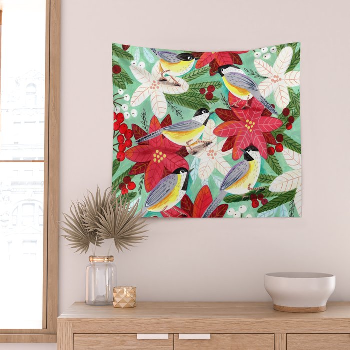 Winter birds tits and Christmas flowers Wall Tapestry Gallery Image 2