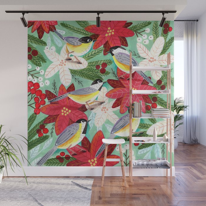 Winter birds tits and Christmas flowers Wall Mural Gallery Image 1
