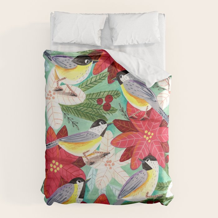 Winter birds tits and Christmas flowers Duvet Cover Gallery Image 1