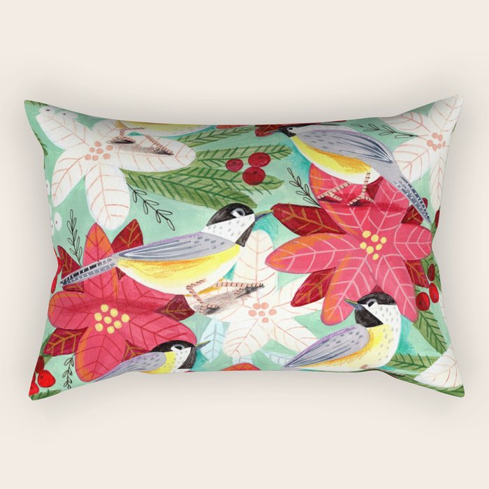 Winter birds tits and Christmas flowers Rectangular Pillow Gallery Image 2