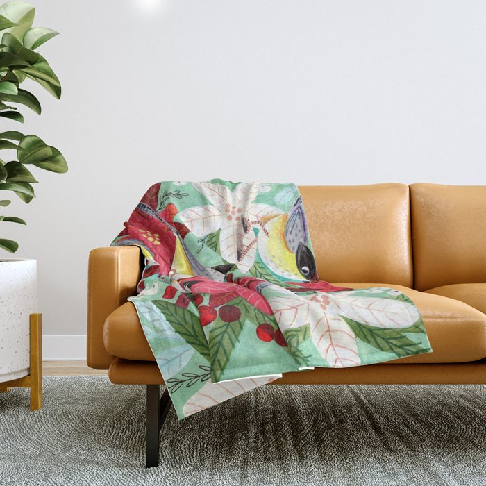 Winter birds tits and Christmas flowers Throw Blanket Gallery Image 1