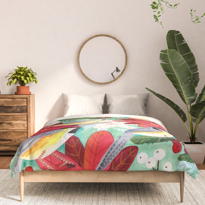 Winter birds tits and Christmas flowers Comforter Gallery Image 3