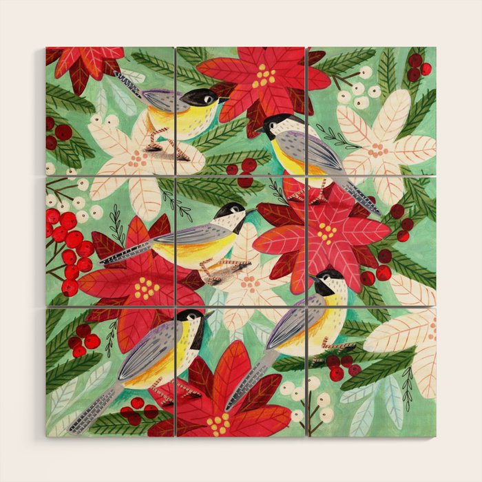 Winter birds tits and Christmas flowers Wood Wall Art Gallery Image 1
