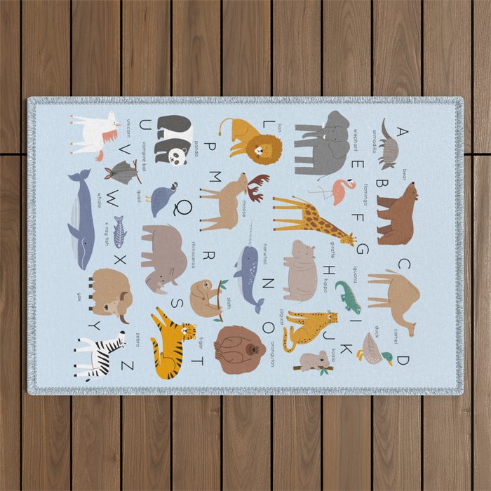 Animal alphabet in blue Outdoor Rug Gallery Image 1