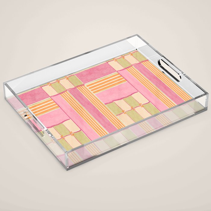 Playful Retro Geometric Pattern in Pink, Orange, and Green Acrylic Tray Gallery Image 1