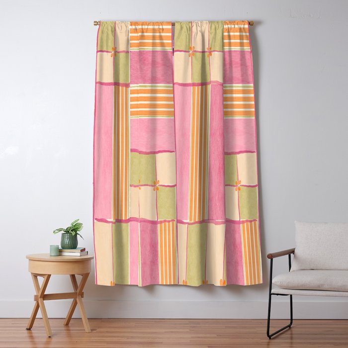 Playful Retro Geometric Pattern in Pink, Orange, and Green Window Curtain Gallery Image 1