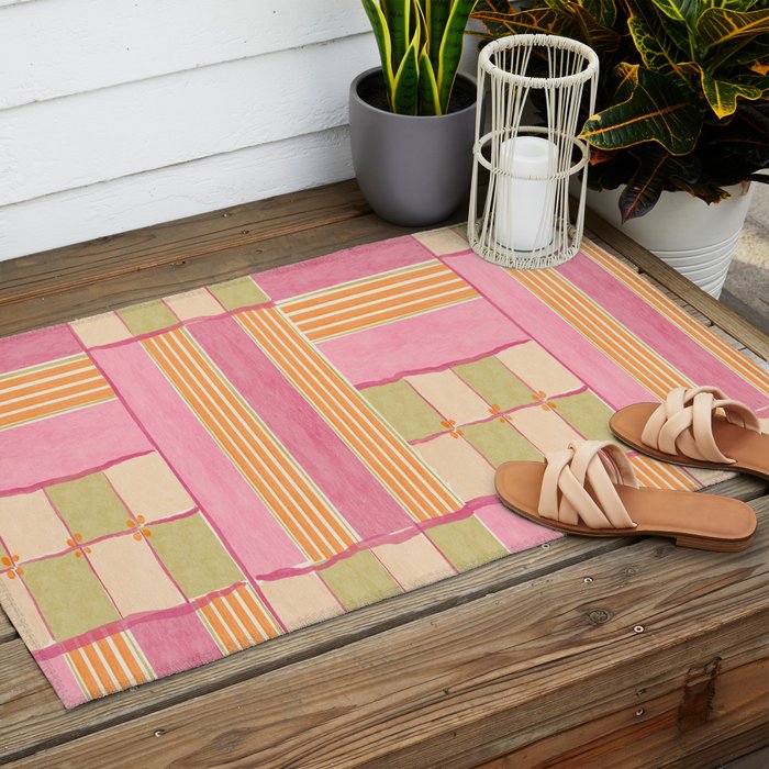 Playful Retro Geometric Pattern in Pink, Orange, and Green Outdoor Rug Gallery Image 2