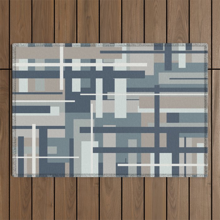 Frank - Mid Century Modern Geometric Pattern in Neutral Blue Gray Outdoor Rug Gallery Image 1