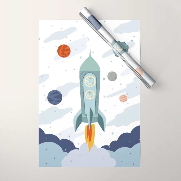 Space rocket print with planets and stars, perfect for an outer space nursery or kids room Wrapping Paper Gallery Image 1