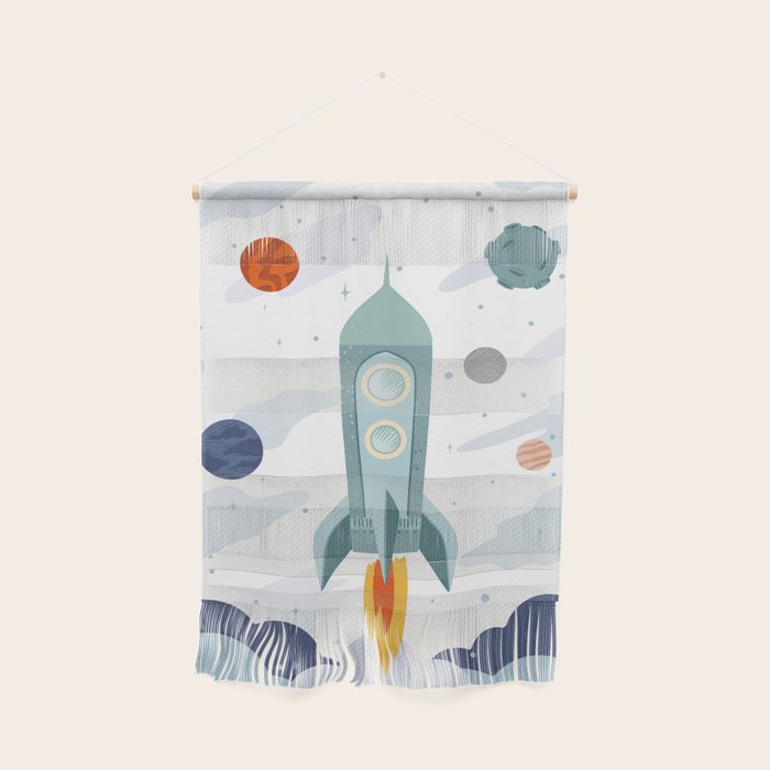 Space rocket print with planets and stars, perfect for an outer space nursery or kids room Wall Hanging Gallery Image 1