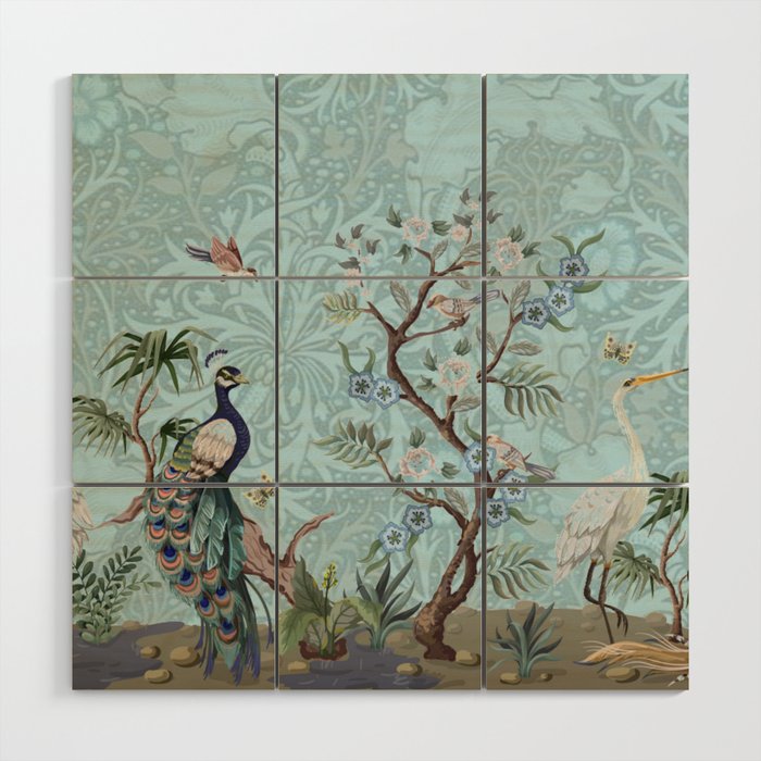 Chinoiserie Peacock Heron Floral Garden & William Morris Art Wood Wall Art Gallery Image 1