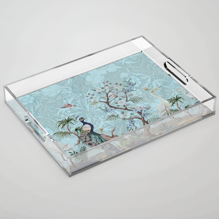 Chinoiserie Peacock Heron Floral Garden & William Morris Art Acrylic Tray Gallery Image 1