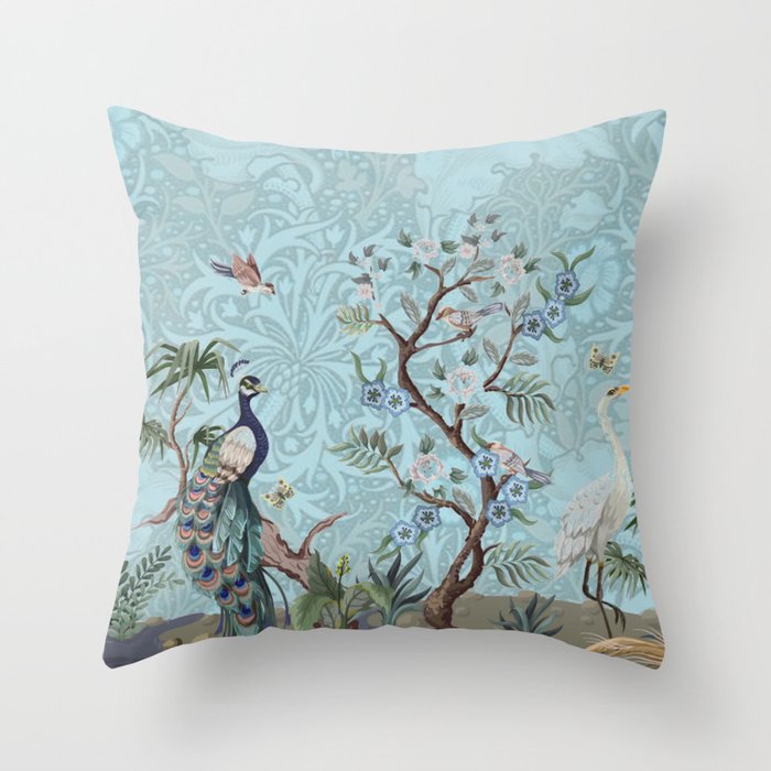 Chinoiserie Peacock Heron Floral Garden & William Morris Art Throw Pillow Gallery Image 6