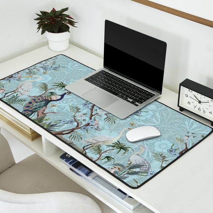 Chinoiserie Peacock Heron Floral Garden & William Morris Art Desk Mat Gallery Image 2