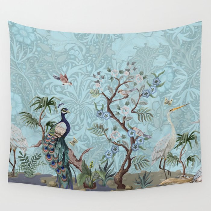 Chinoiserie Peacock Heron Floral Garden & William Morris Art Wall Tapestry Gallery Image 4