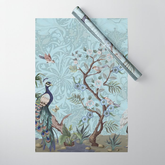 Chinoiserie Peacock Heron Floral Garden & William Morris Art Wrapping Paper Gallery Image 1