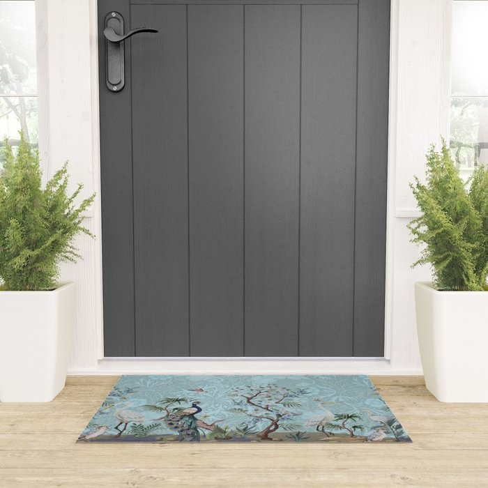 Chinoiserie Peacock Heron Floral Garden & William Morris Art Welcome Mat Gallery Image 3
