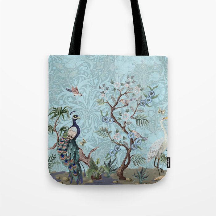 Chinoiserie Peacock Heron Floral Garden & William Morris Art Tote Bag Gallery Image 1