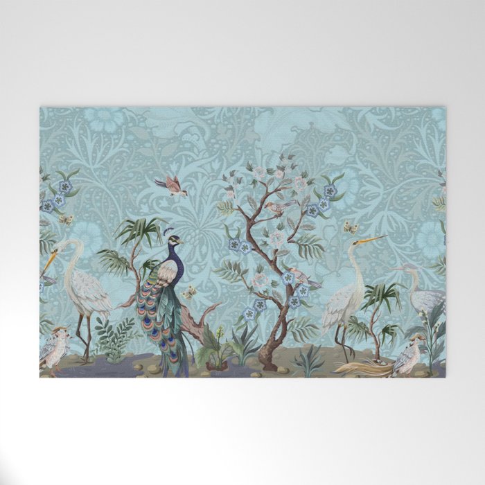 Chinoiserie Peacock Heron Floral Garden & William Morris Art Welcome Mat Gallery Image 1