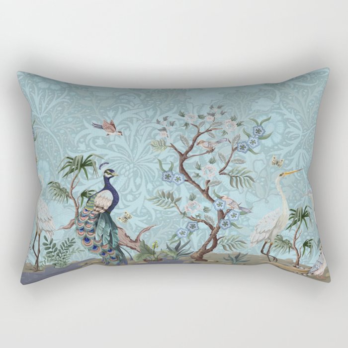 Chinoiserie Peacock Heron Floral Garden & William Morris Art Rectangular Pillow Gallery Image 2