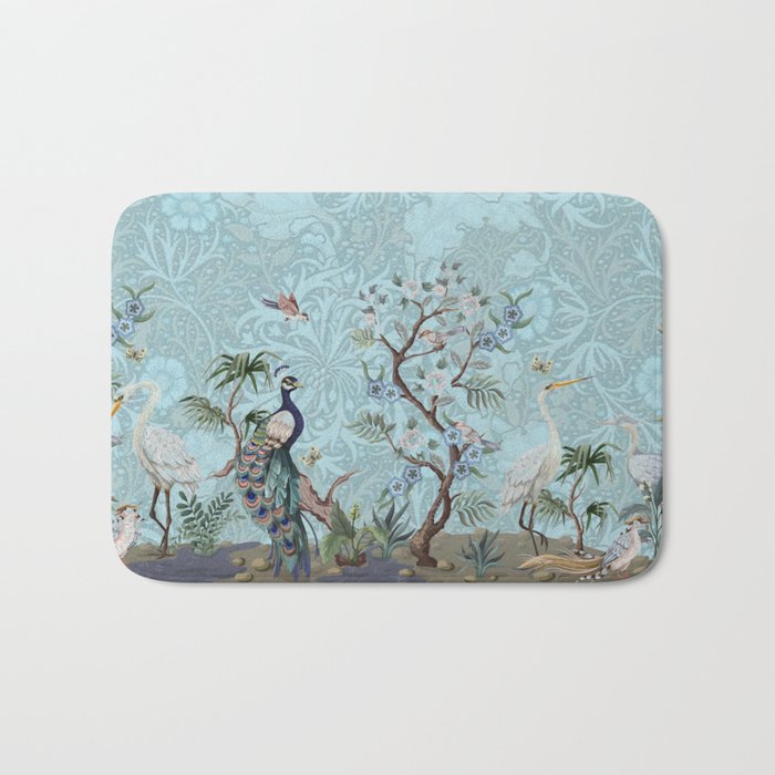 Chinoiserie Peacock Heron Floral Garden & William Morris Art Bath Mat Gallery Image 1
